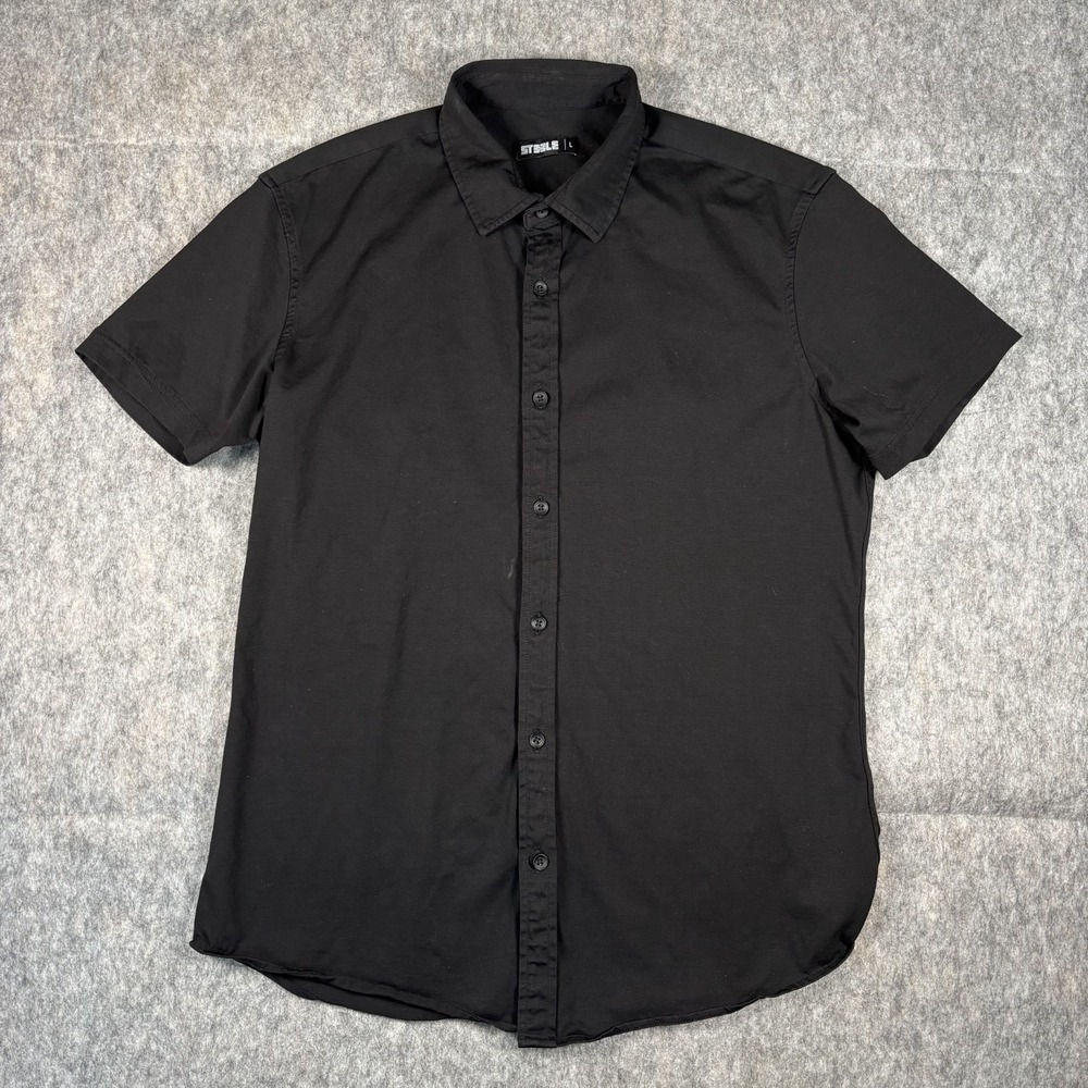 St33le‎ Shirt Men's Large Button Up Black Short Sleeve Stretch Steele USA